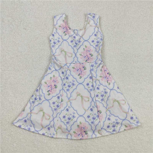 GSD1864 Beige yoga pants dress with flower and bow pattern