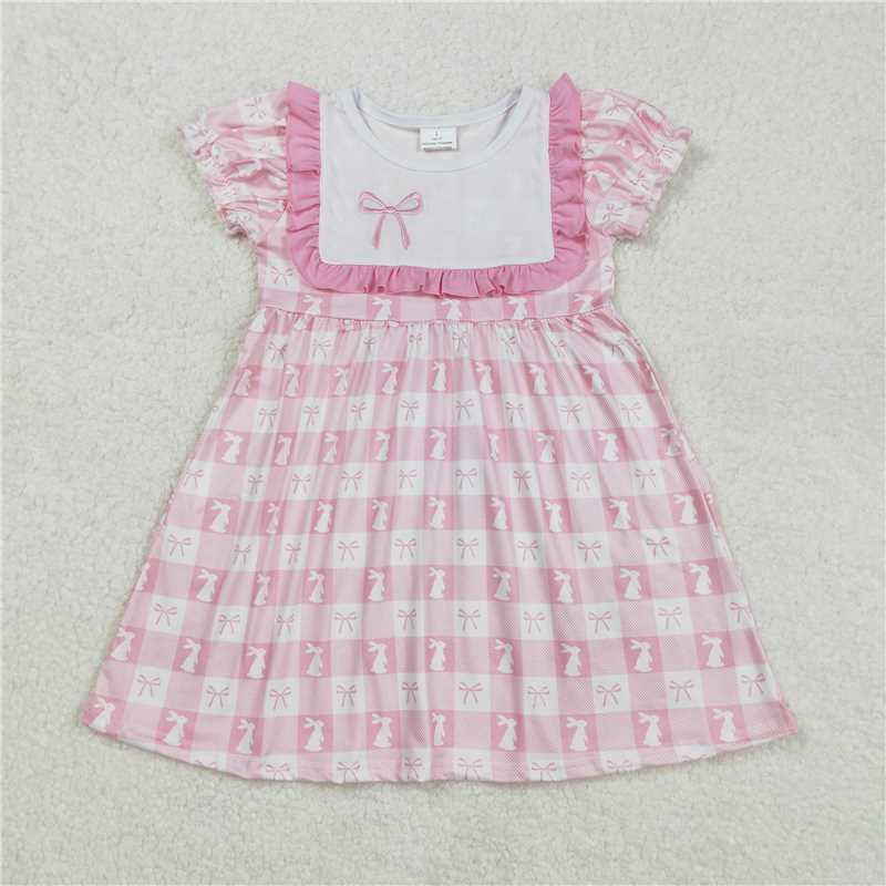 3.4GSD1578 Embroidered Easter bunny bow pattern plaid pink short-sleeved dress