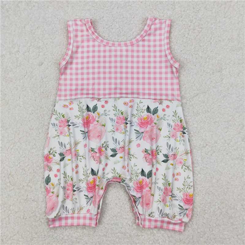 3.24  SR2678 Flower and leaf pink plaid vest jumpsuit