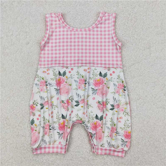 3.24  SR2678 Flower and leaf pink plaid vest jumpsuit