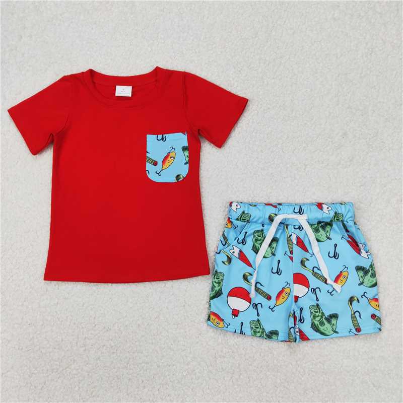 4.2  BSSO1289 Fishing float pocket red and blue short-sleeved shorts set