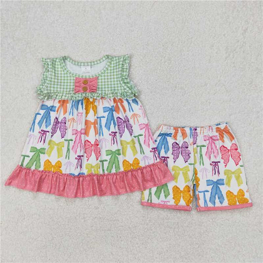 3.25 GSSO2089 Colorful bow pattern polka dot lace green plaid sleeveless shorts set
