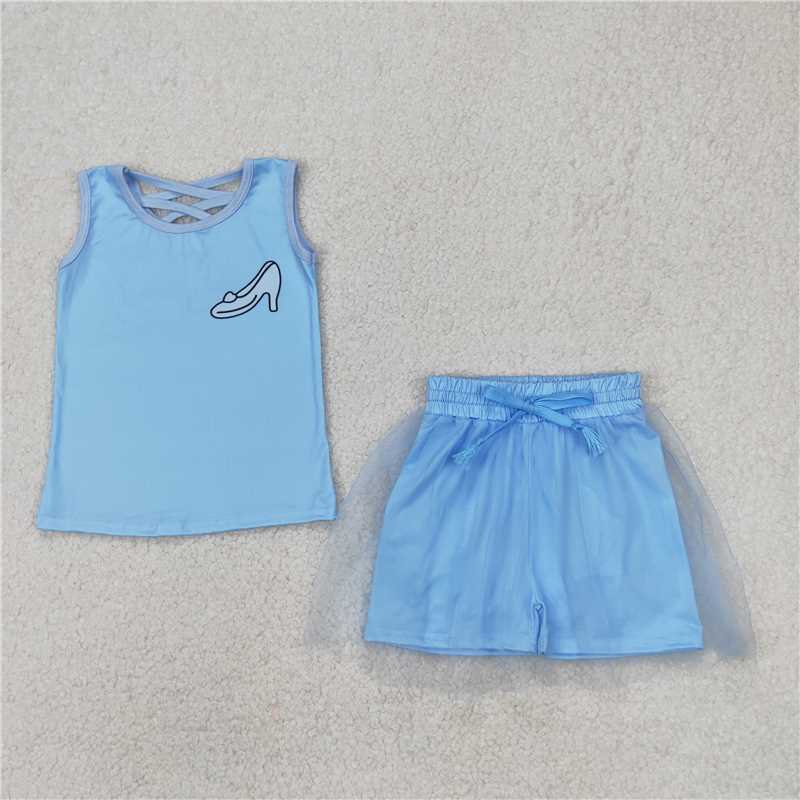 3.25  GSD2063 High heels solid blue vest pants skirt set