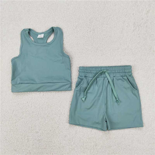 3.25 GSSO2133 Solid light green sleeveless shorts yoga set