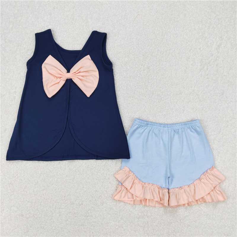 3.25 GSSO2272 Pure bow tie navy blue sleeveless powder blue shorts set