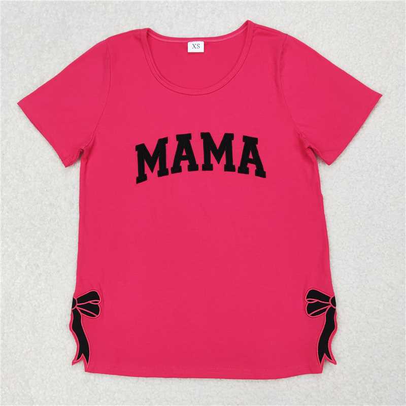 4.9 GT0919 Adult female embroidered mama letter black bow rose red short-sleeved top
