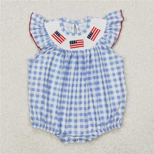 3.24  Smocked Girls National Day Embroidered Flag Blue Plaid Vest Bodysuit