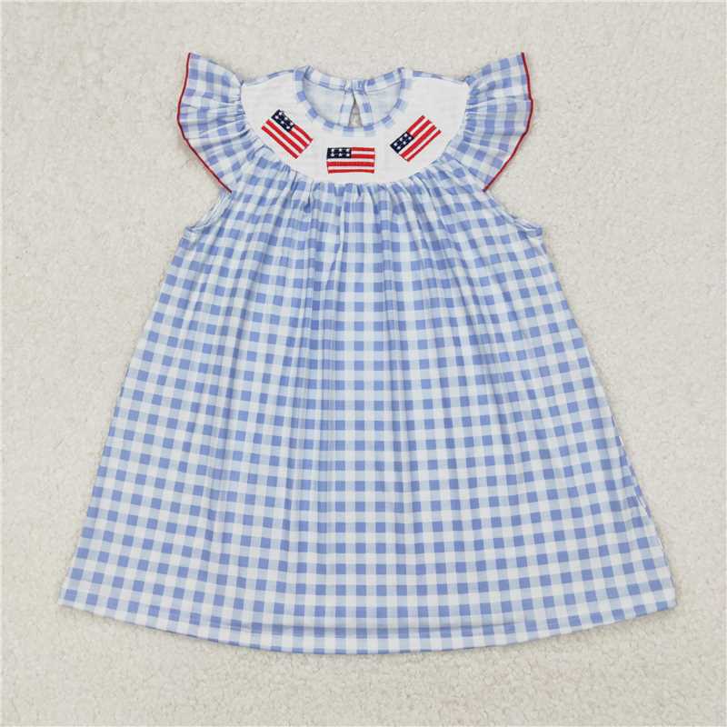 3.24  GSD1817 smocked National Day Embroidered National Flag Blue Plaid Flying Sleeve Dress