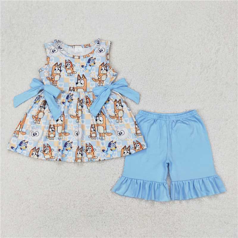 3.25 GSSO2223 bluey floral plaid blue bow lace sleeveless shorts set
