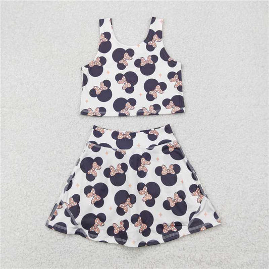 4.21 GSD1934 Mickey and Minnie bowknot off-white sleeveless vest yoga pants skirt set