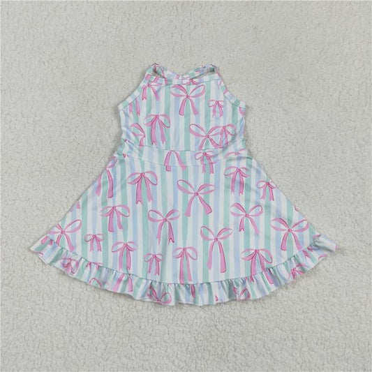 4.17GSD2297 Pink bow pattern blue green striped yoga sleeveless dress