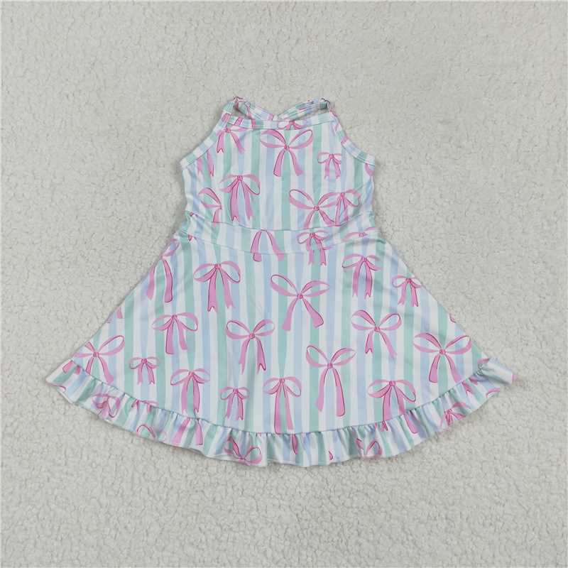 4.21 GSD2297 Pink bow pattern blue green striped yoga sleeveless dress