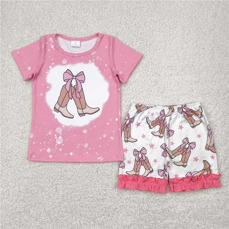 4.21  GSSO2354 Boots bow pattern pink short-sleeved star shorts set