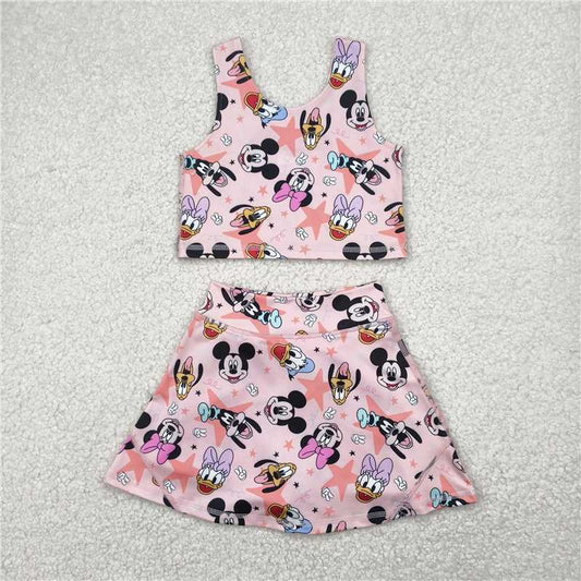 4.24  GSD2332 Mickey Donald Duck star pink vest skirt yoga set