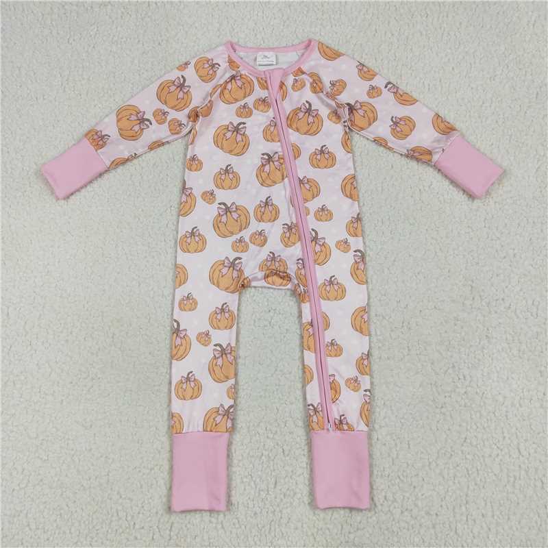 7.8 LR2271 Pumpkin bow light pink zip-up long-sleeved jumpsuit
