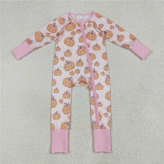7.8 LR2271 Pumpkin bow light pink zip-up long-sleeved jumpsuit