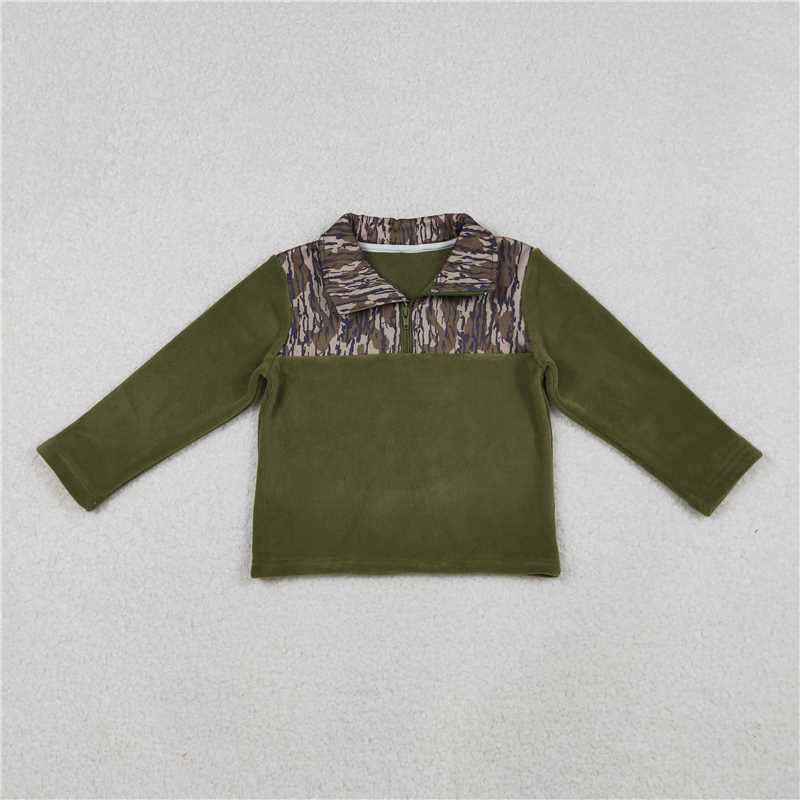 X10.11 BT1317 Military Green Camouflage Fleece Zipper Long-Sleeved Top