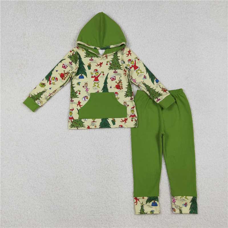 X10.13 BLP1224 Grinch Christmas Tree Green Pocket Hooded Long-Sleeved Pants Set