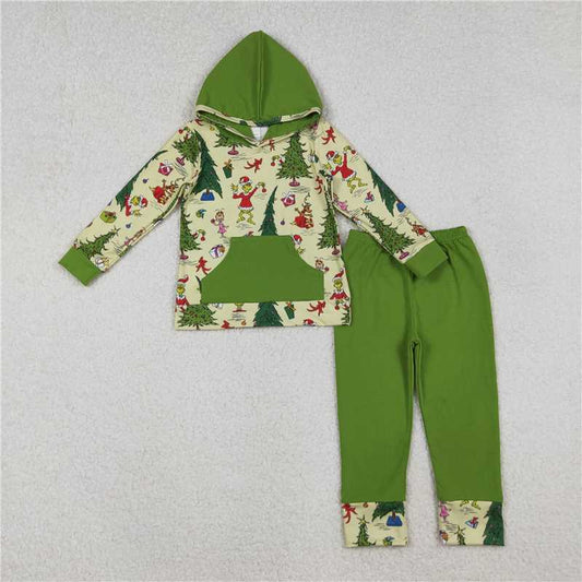 X10.13 BLP1224 Grinch Christmas Tree Green Pocket Hooded Long-Sleeved Pants Set