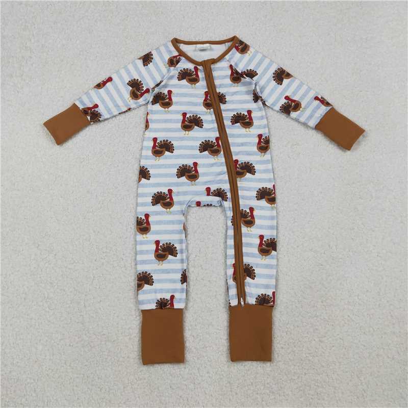X10.13  LR1191 Turkey stripe brown trim long-sleeved zip-up bodysuit