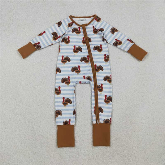 X10.13  LR1191 Turkey stripe brown trim long-sleeved zip-up bodysuit