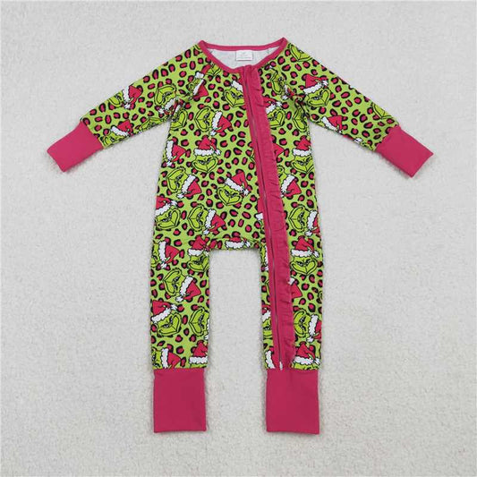 X11.5 LR2520 grinch Leopard Print Rose Red Lace Green Zipper Long-Sleeved Jumpsuit