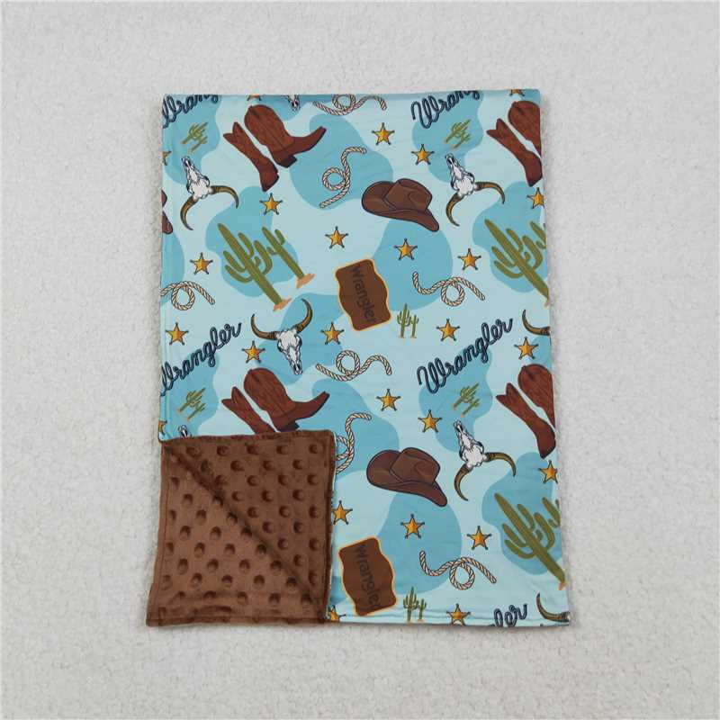 X10.10BL0175 Cow head cactus cowboy hat and boots with brown and blue baby blanket