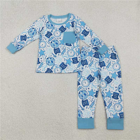 X11.8  BLP1259 New Year's Alarm Clock Fireworks Blue Long-Sleeved Pants Pajama Set