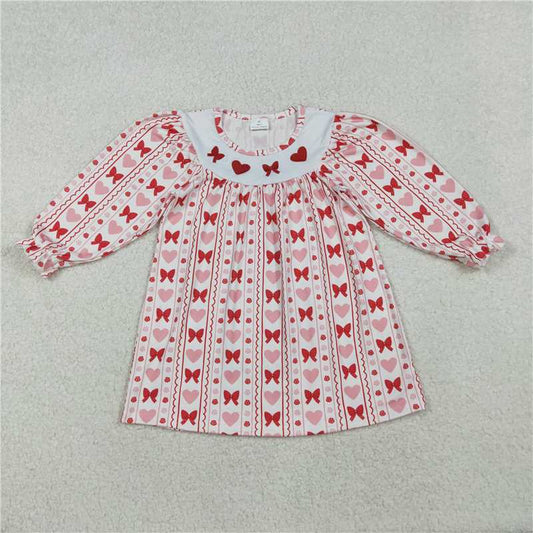 X11.4  GLD1336 Embroidered Valentine's Day Bow Pattern Heart White Long-Sleeved Dress