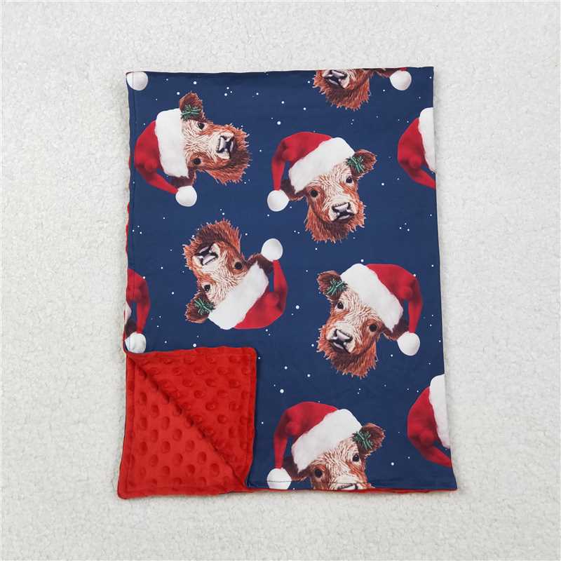 X10.10BL0088 Navy blue baby blanket with red Santa hat and bull head