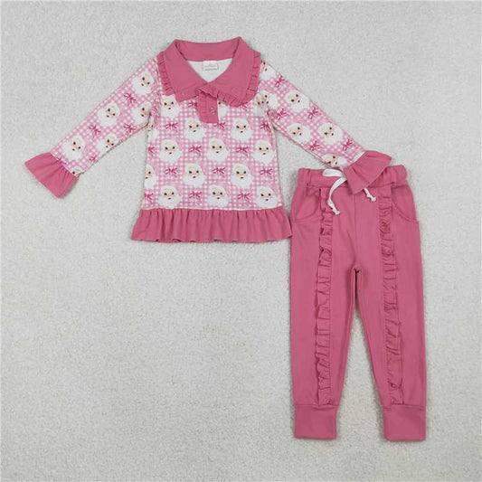 X109 GLP2881 Pink and white plaid button-down long-sleeved trouser suit with Santa Claus bow pattern