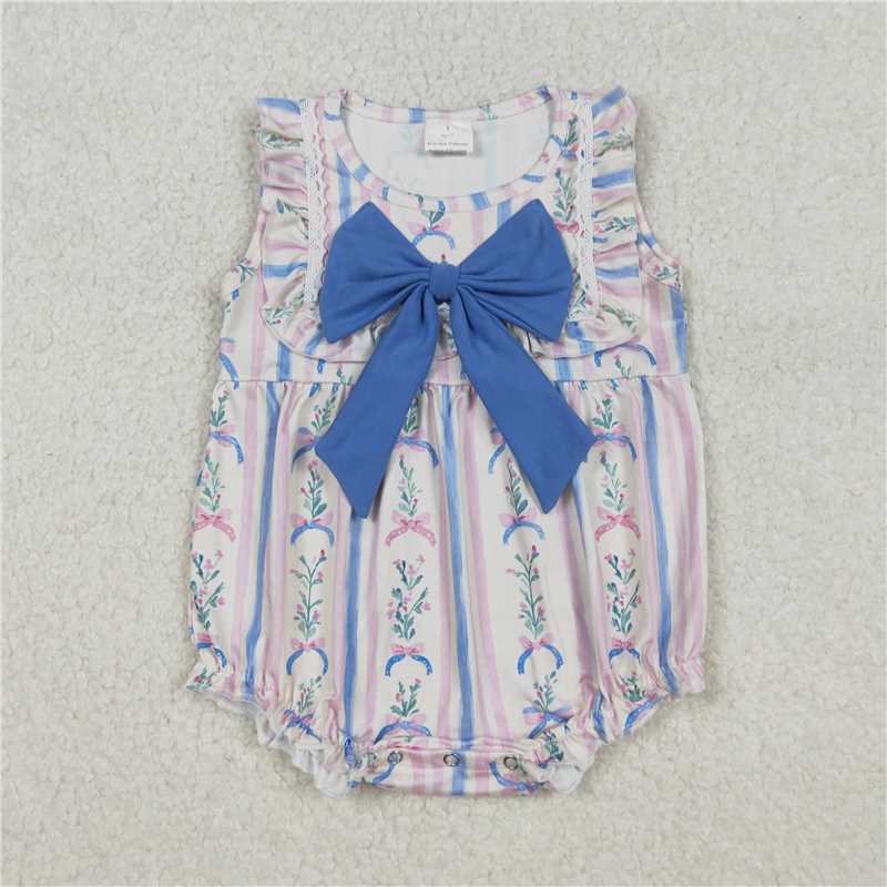 X11.5  SR3045 Powder Blue Striped Floral Lace Sleeve Vest Jumpsuit with Bow Pattern