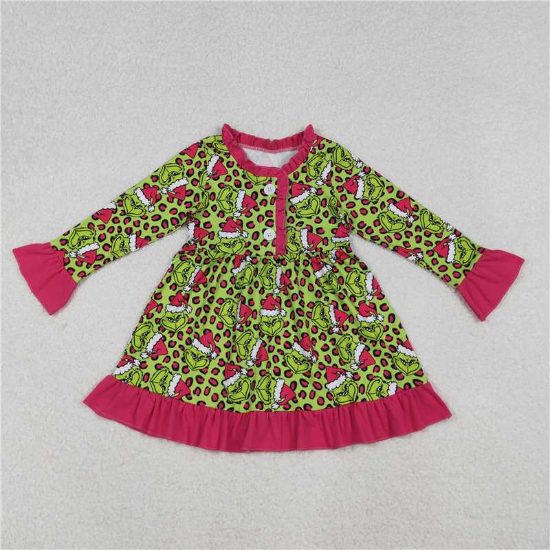 X11.4  GLD1254 grinch Leopard Print Rose Red Lace Button Green Long-Sleeved Dress