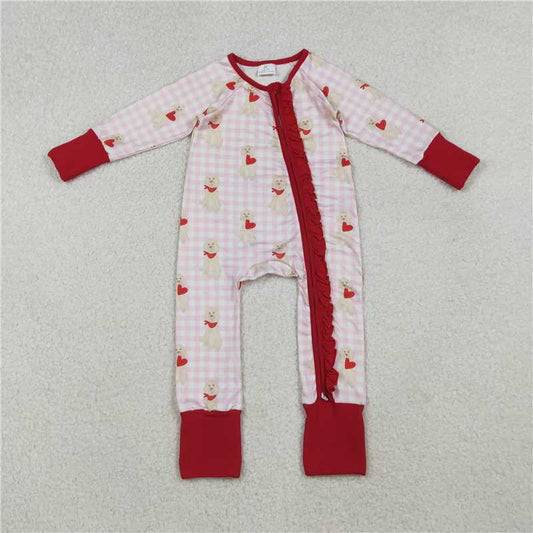 X11.6 LR2681 Heart-shaped Puppy Long-sleeved Jumpsuit with Red Lace Zipper and Pink Plaid