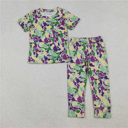 X10.13 BSPO0584 Carnival green, yellow, and purple camouflage short-sleeved shirt and long pants pajama set