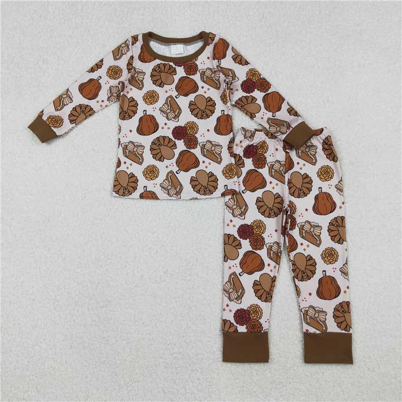X11.7 GLP2884 Turkey Flower Pumpkin Bow Pattern Cake Long-Sleeved Pants Pajama Set