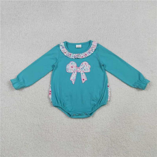X11.6  LR2432 Embroidered floral print, lace trim, and bow pattern blue long-sleeved jumpsuit