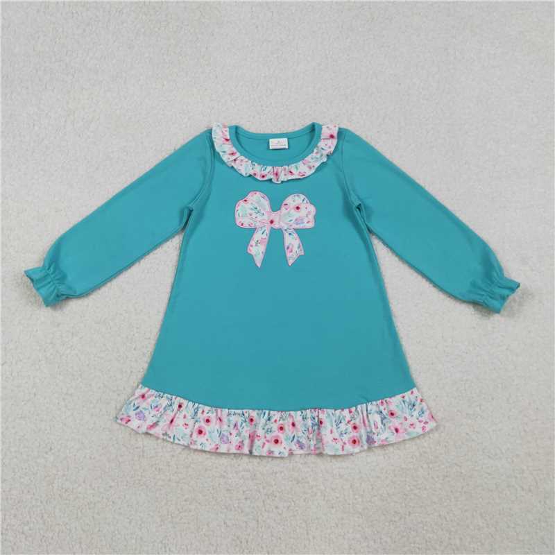 X11.5  GLD1204 Embroidered Floral Floral Lace and Bow Pattern Blue Long-Sleeved Dress