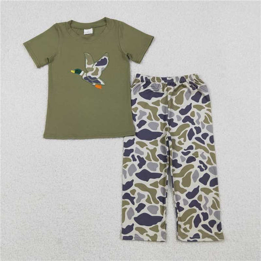 x12.11 BSPO0583 Embroidered Duck Green Short-Sleeve T-Shirt and Gray-Green Camouflage Pants Set