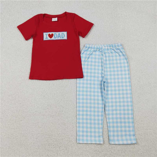 x12.11  BSPO0589 Embroidered I LOVE DAD Red Short-Sleeve T-Shirt and Blue Plaid Trousers Set