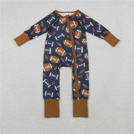 X11.10 LR2543 Rugby Leaf Brown-Blue Zipper Long-Sleeve Jumpsuit