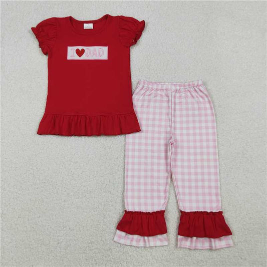 x12.13  GSPO2072 Embroidered I LOVE DAD Red Lace Short-Sleeve T-Shirt and Pink Plaid Trousers Set