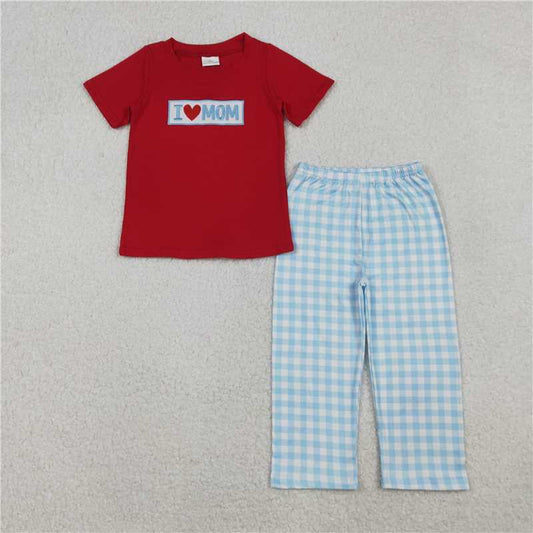 x12.11 BSPO0588 Embroidered I LOVE MOM Red Short-Sleeve T-Shirt and Blue Plaid Trousers Set