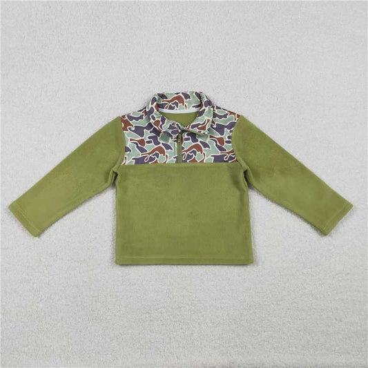 X11.8  BT1308 Camouflage Green Plush Zipper Long-Sleeved Top