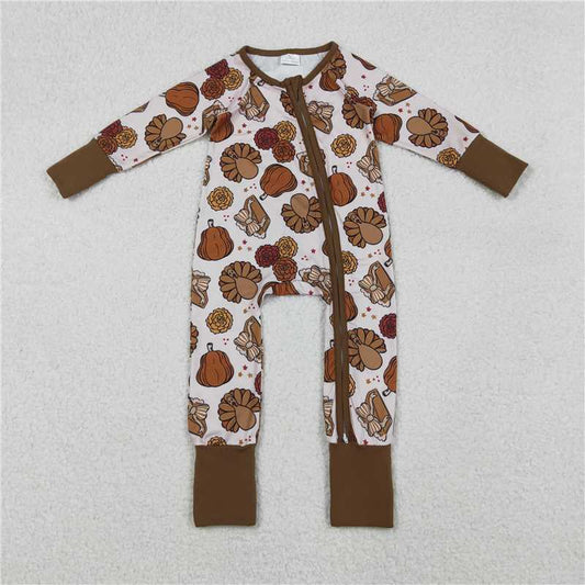 X11.10  LR2690 Turkey Flower Pumpkin Bow Pattern Cake Zipper Long-Sleeved Jumpsuit