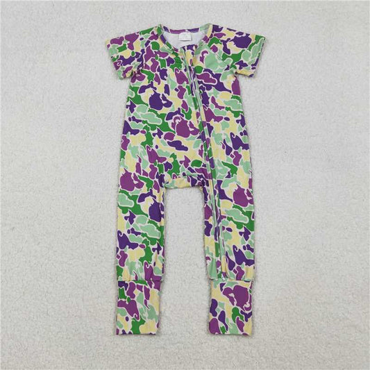 X11.10 SR3211 Carnival Green, Yellow, and Purple Camouflage Zipper Short-Sleeve Jumpsuit