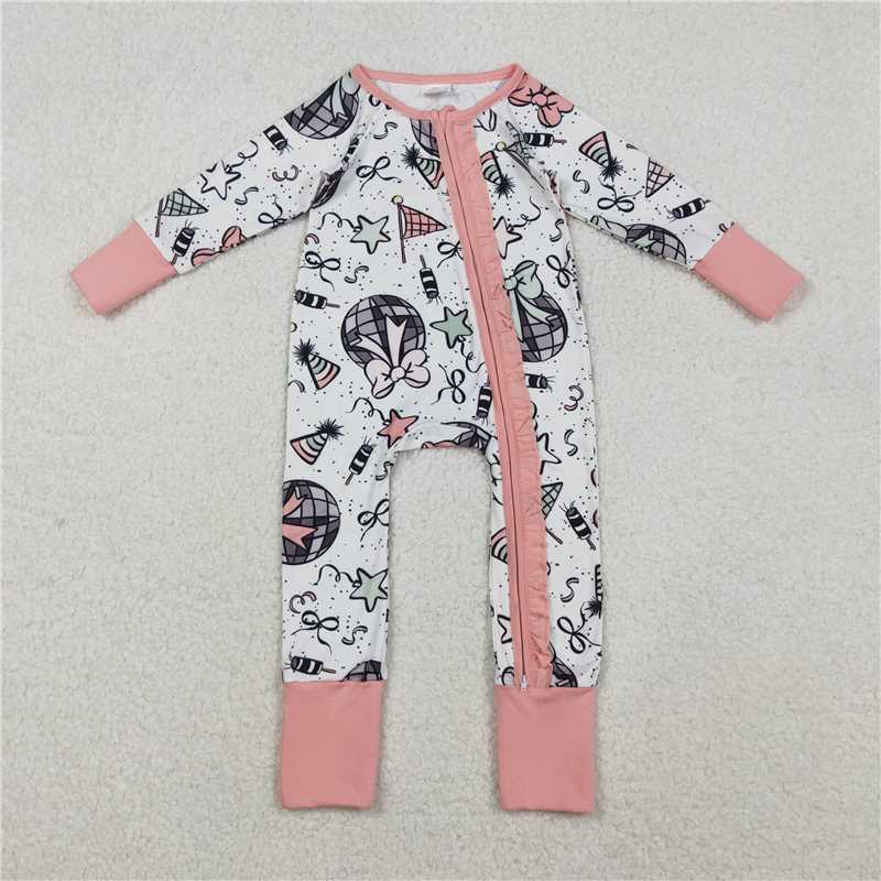 X11.6 LR2571 Disco Star New Year Calendar Bow Pattern Zipper Long-Sleeved Jumpsuit