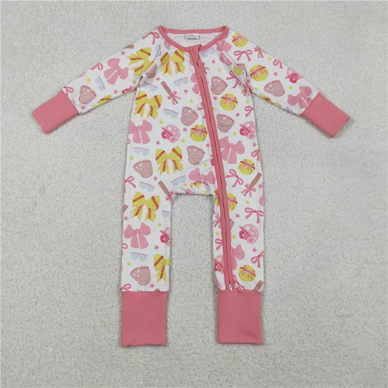X11.6  LR2705 Pink and white zip-up long-sleeved jumpsuit with baseball bow pattern