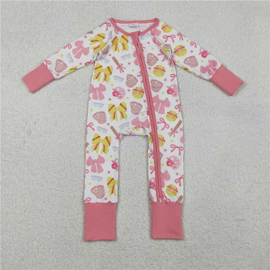 X11.6  LR2705 Pink and white zip-up long-sleeved jumpsuit with baseball bow pattern