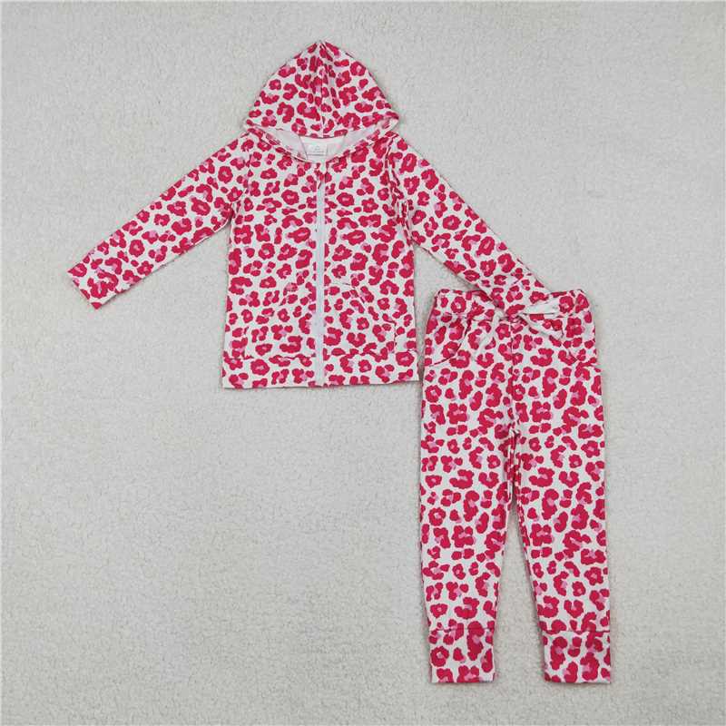 X11.8 GLP2790 Rose Red Leopard Print Zipper Hooded Long-Sleeve Pants Suit